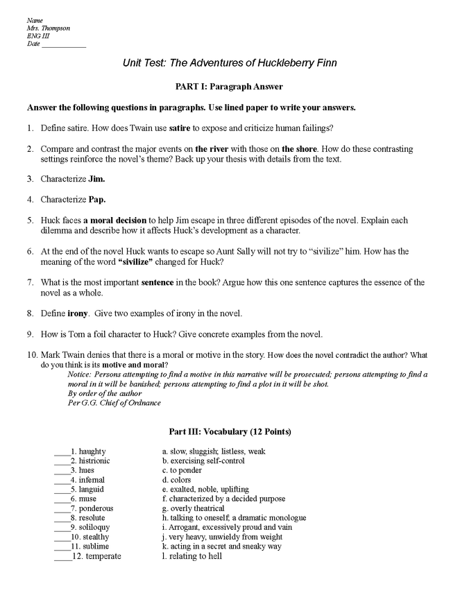 the anventures of huckleberry finn: unit test average readers preview image 1
