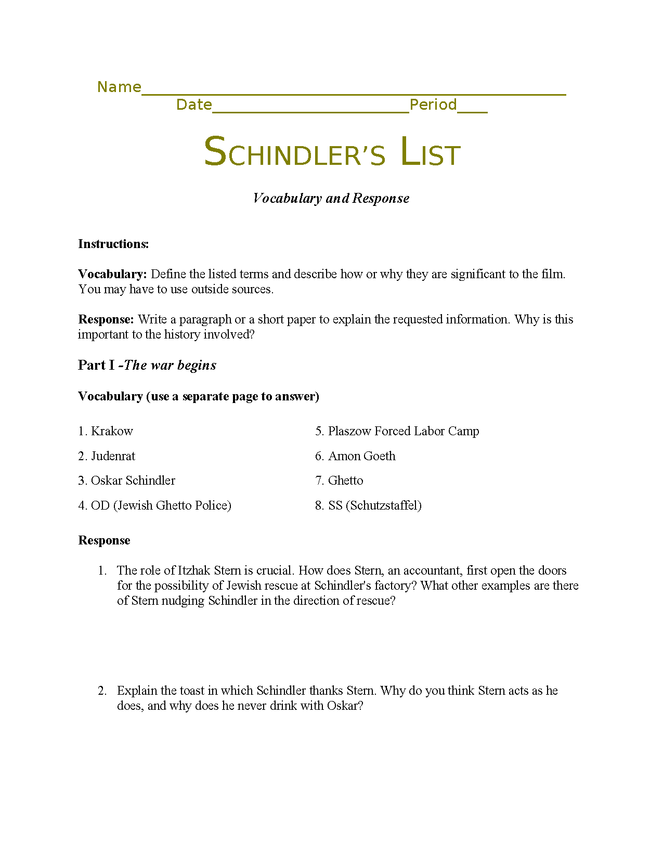 schindler's list vocabulary and film questions preview image 1