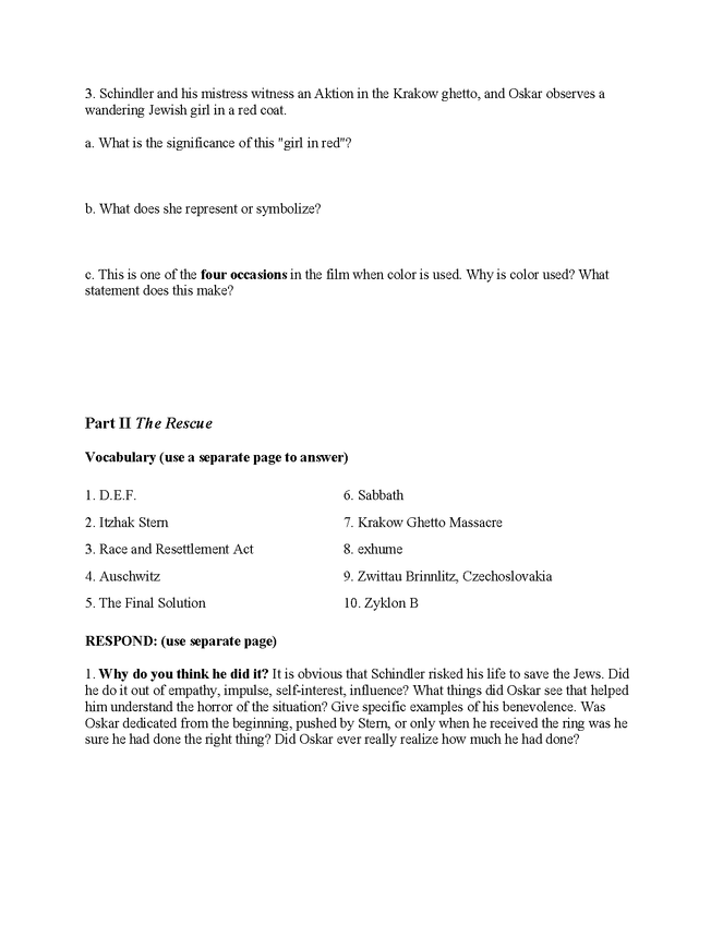 schindler's list vocabulary and film questions preview image 2