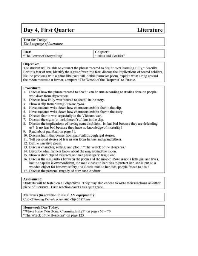 Charming Billy Wreck Of The Hesperus Lesson Plan Language Arts Activities Enotes