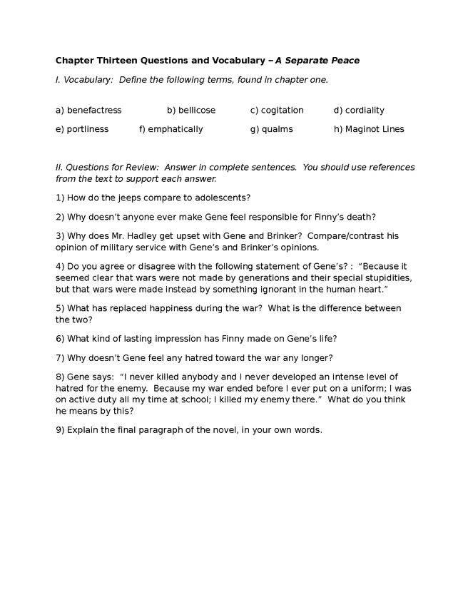 a separate peace, vocabulary and review questions for chapter 13 preview image 1
