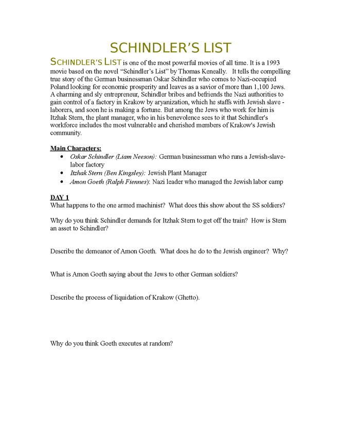 schindler's list research questions