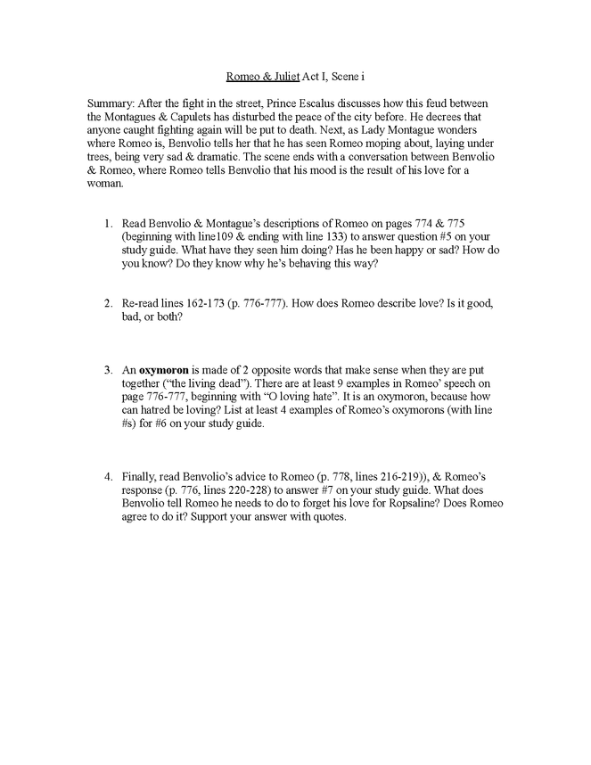 romeo & juliet: study guide for i, i preview image 1