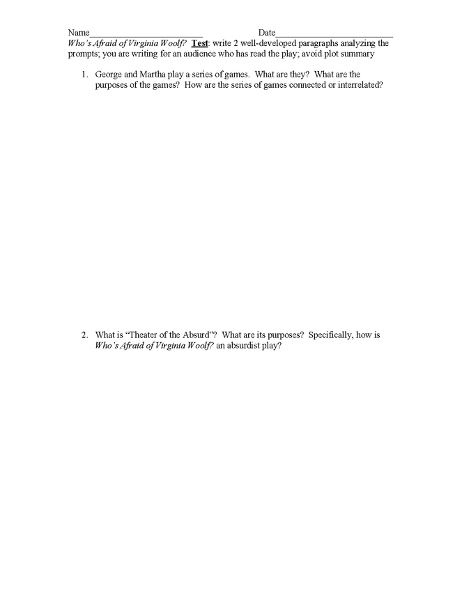 who's afraid of virginia woolf?  short answer test preview image 1