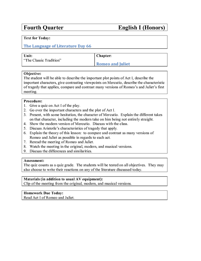 Romeo and Juliet Lesson Plan 2 (9th Grade Day 66) - eNotes.com