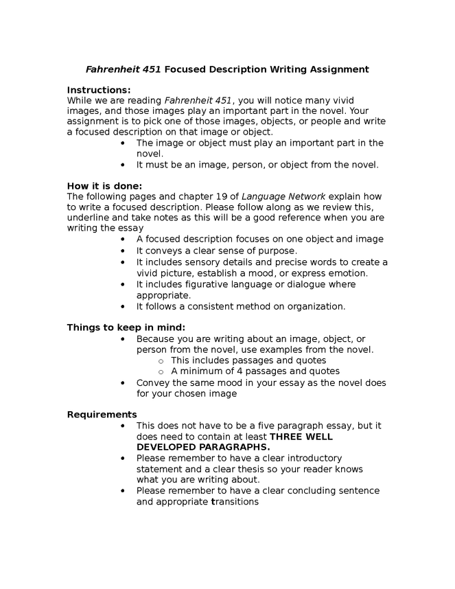 writing assignment for fahrenheit 451 preview image 1