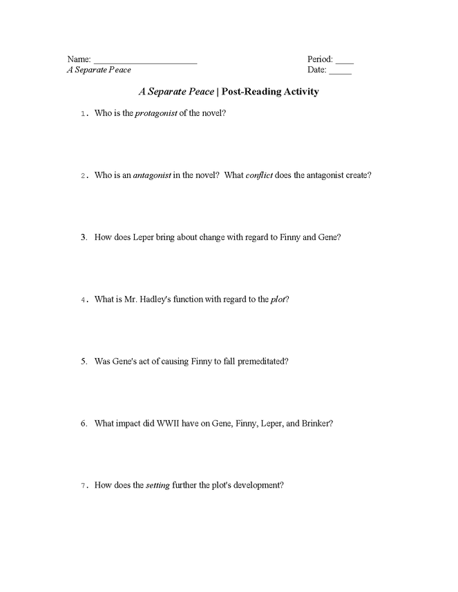 a separate peace: post-reading activity preview image 1