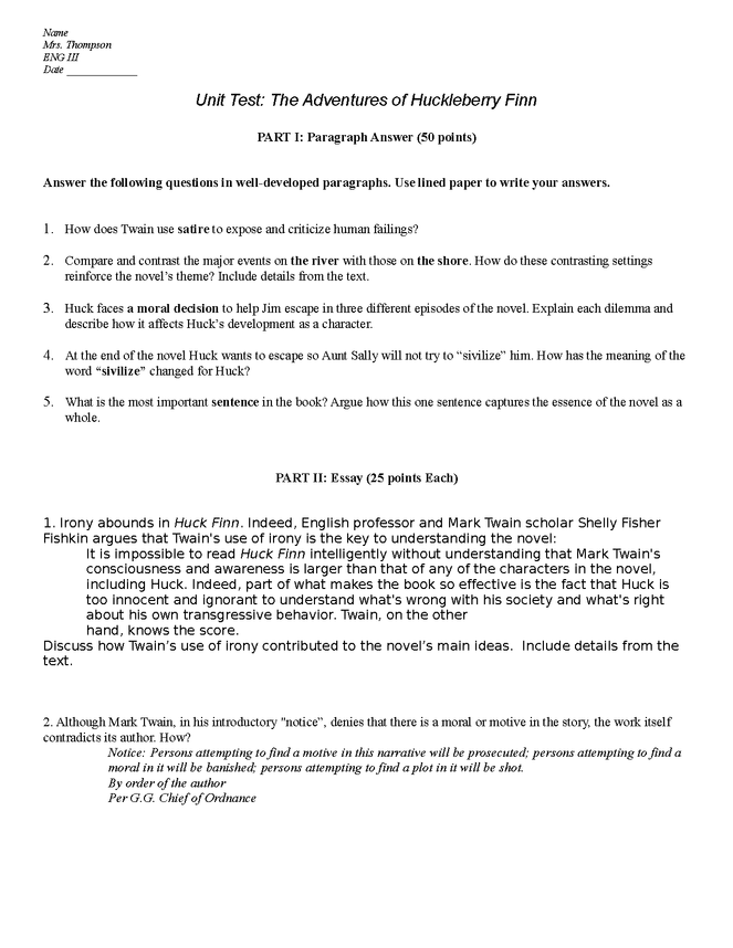 the adventures of huckleberry finn: unit test preview image 1