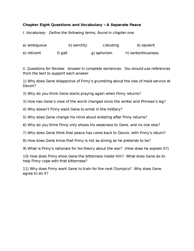 a separate peace, vocabulary and review questions for chapter 8 preview image 1