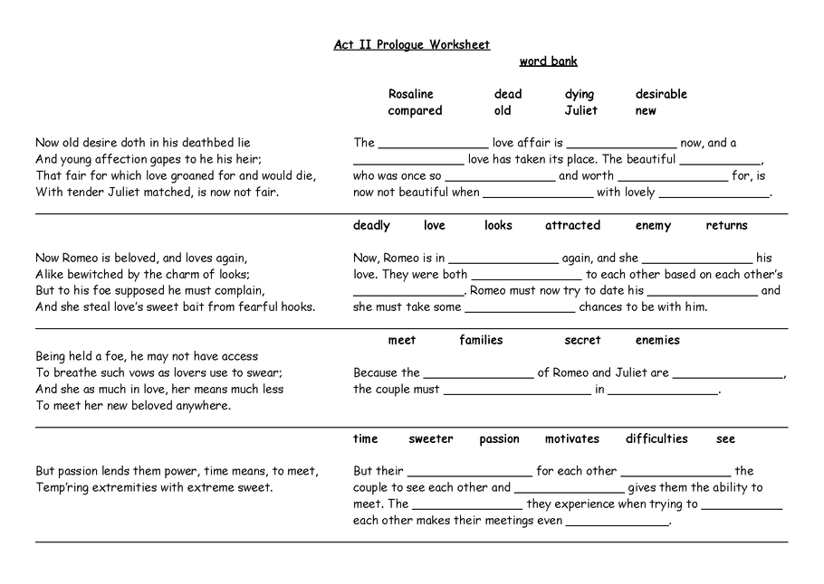 romeo and juliet act ii prologue workheet preview image 1