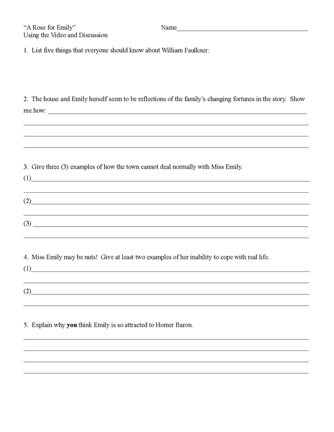 a worksheet for the video/dvd of "a rose for emily" preview image 1