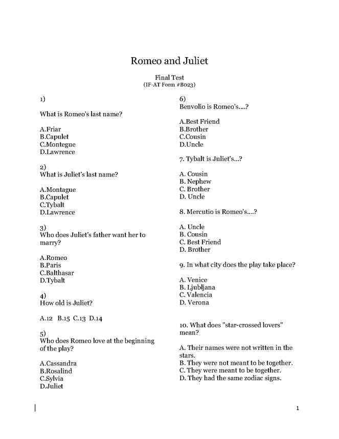 romeo and juliet final exam preview image 1