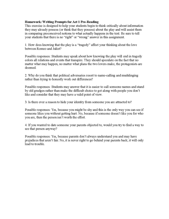 romeo and juliet: writing prompts for act 1 pre-reading preview image 1