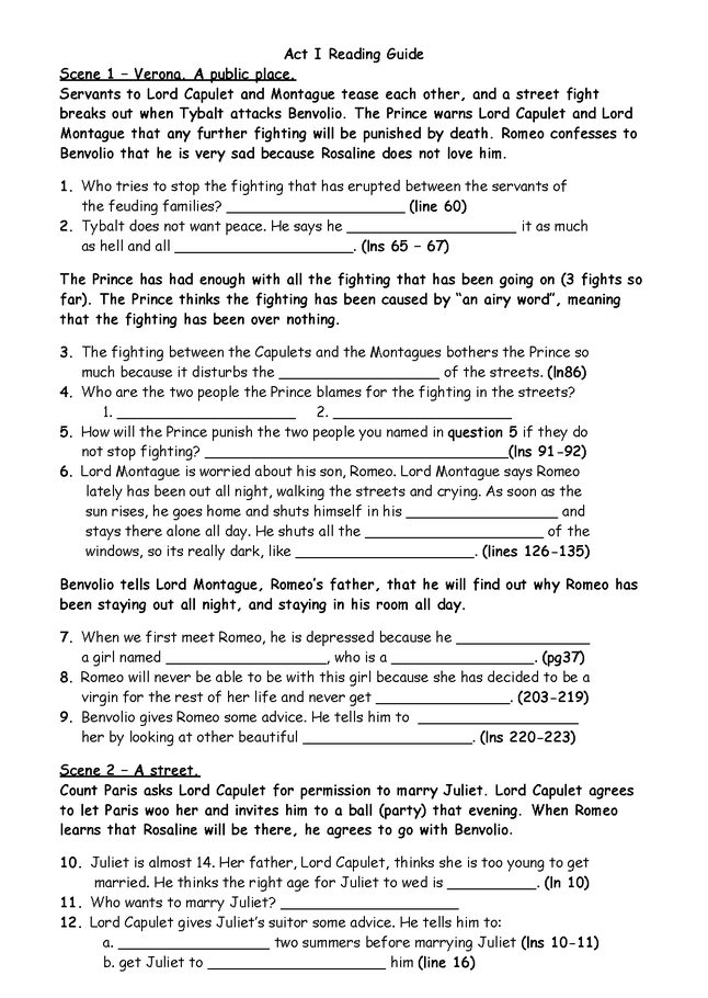 romeo and juliet act i reading guide preview image 1