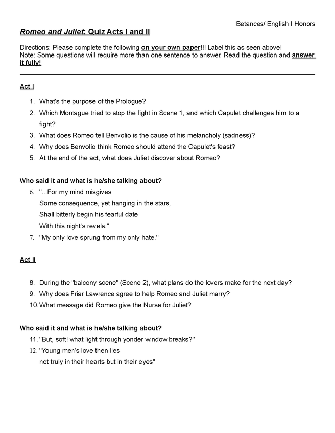 romeo and juliet quiz acts i and ii preview image 1