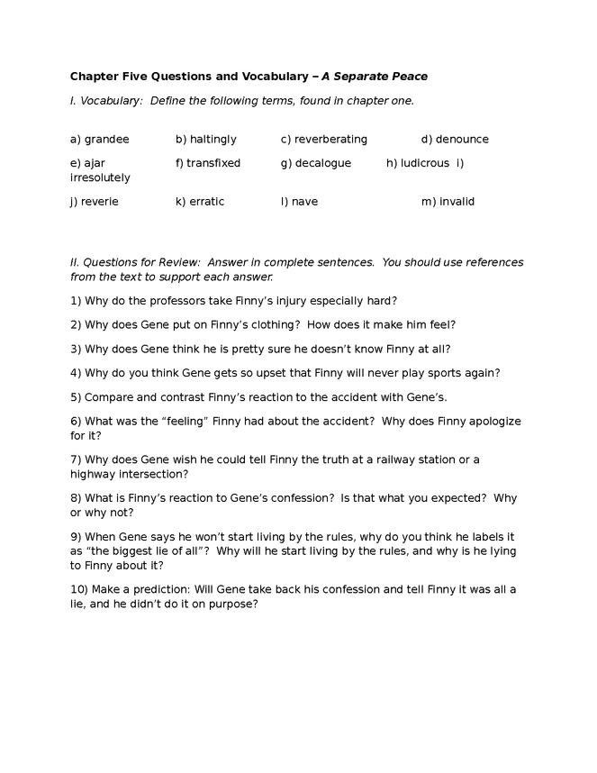 a separate peace, vocabulary and review questions for chapter 5. preview image 1
