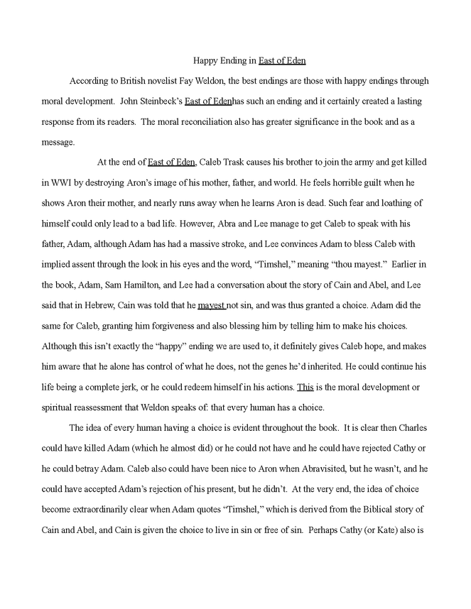 Happy Ending In East Of Eden A Sample Of A Student S