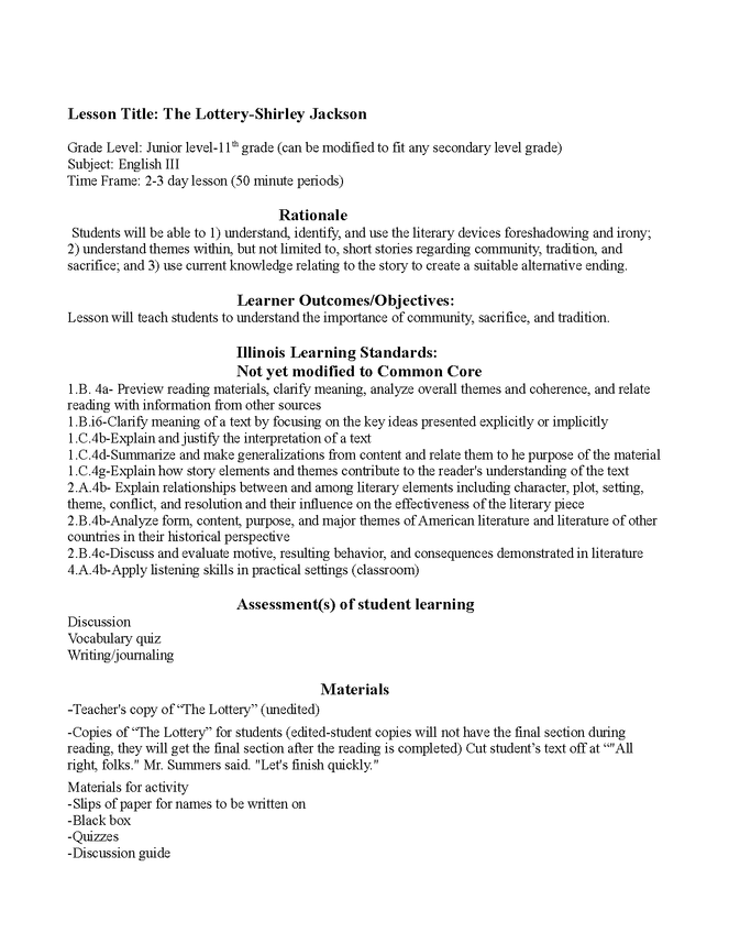 complete lesson plan for "the lottery" preview image 1