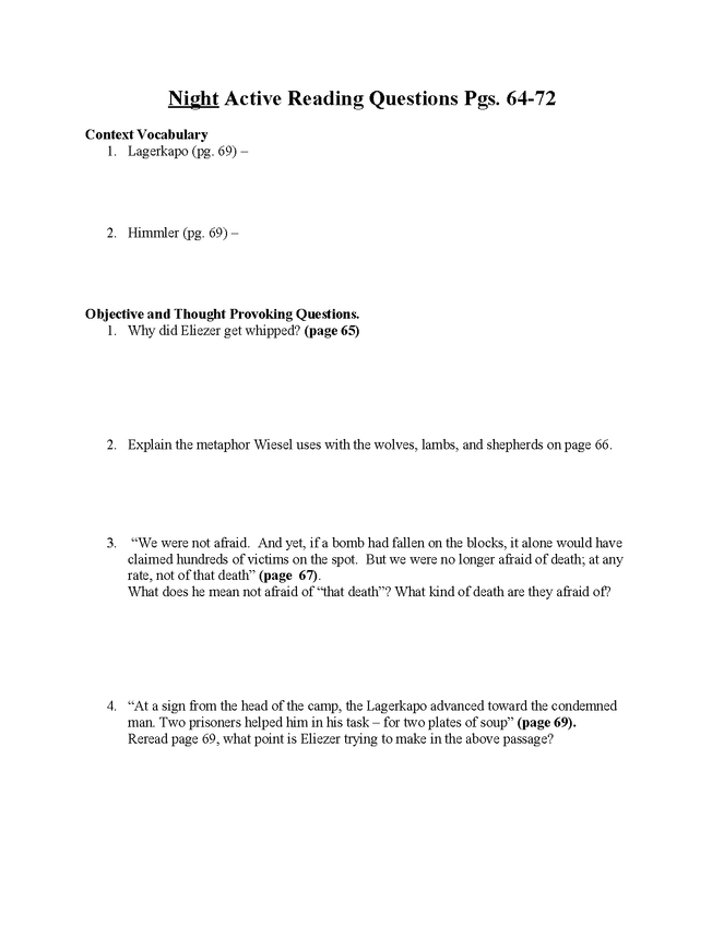 "night" study questions pgs. 64-72 preview image 1