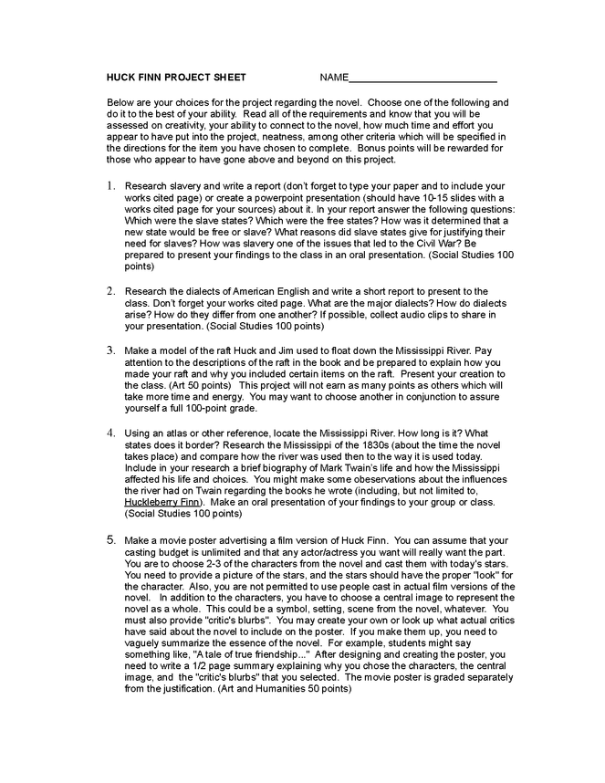 huck finn project sheet preview image 1