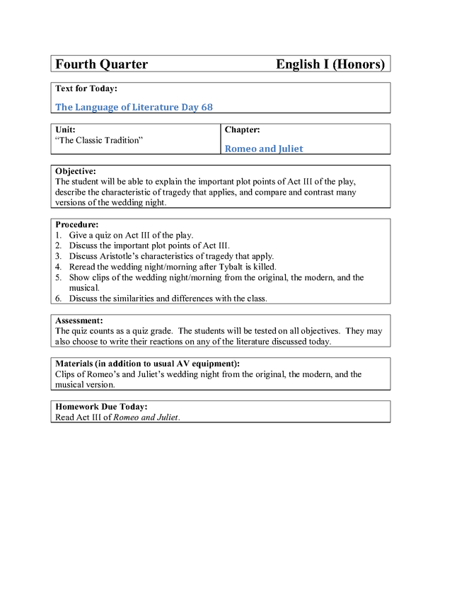 romeo and juliet lesson plan 4 (9th grade day 68) preview image 1