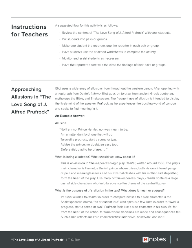 The Love Song of J. Alfred Prufrock Allusion Activity - eNotes.com