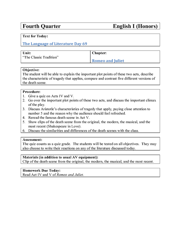 romeo and juliet lesson plan 5 (9th grade day 69) preview image 1