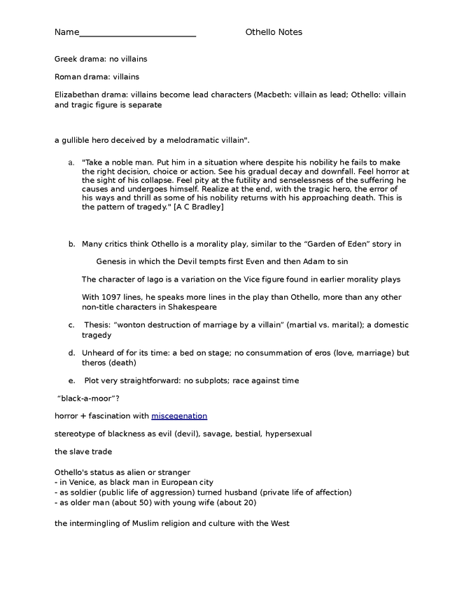 othello lecture notes study guide (blank for students) preview image 1