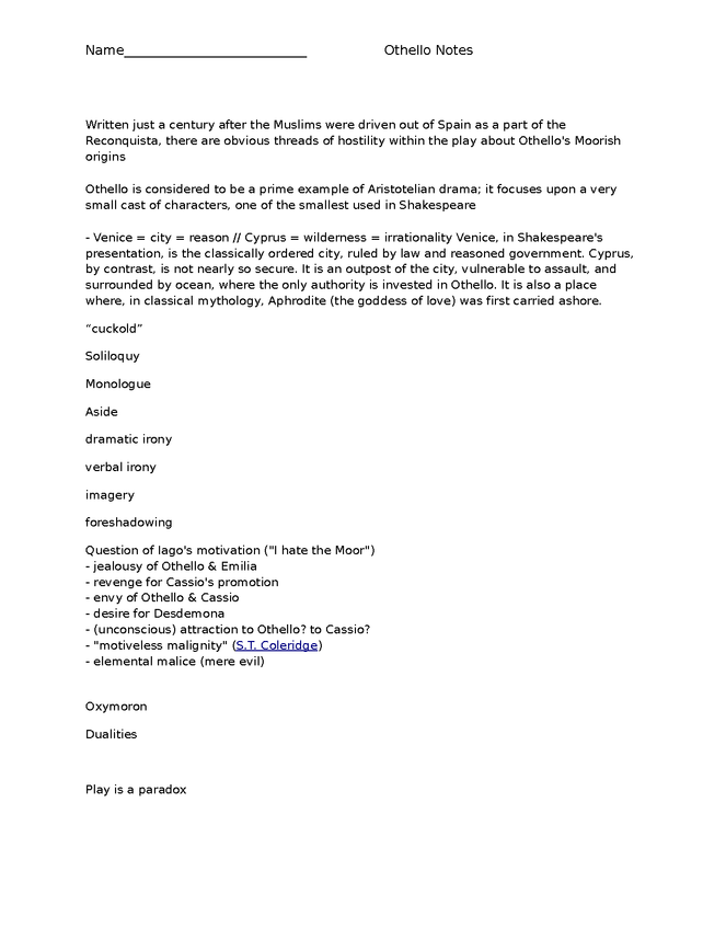 othello lecture notes study guide (blank for students) preview image 2