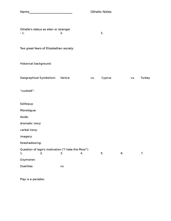 othello lecture notes study guide (blank for students) preview image 4