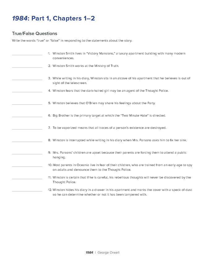 1984 Reading Comprehension Quiz Enotes Com