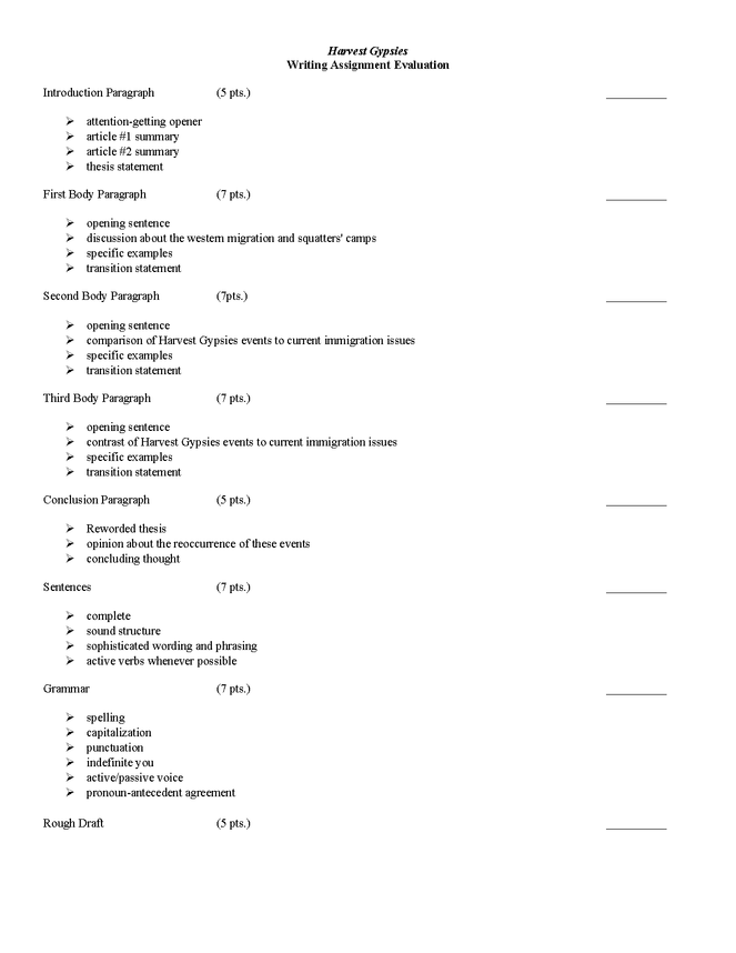 rubric for harvest gypsies writing assignment preview image 1