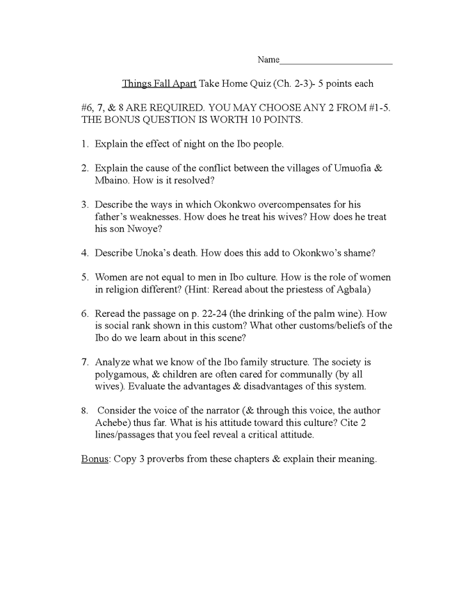 thing fall apart: chapters 2-3 open book test preview image 1
